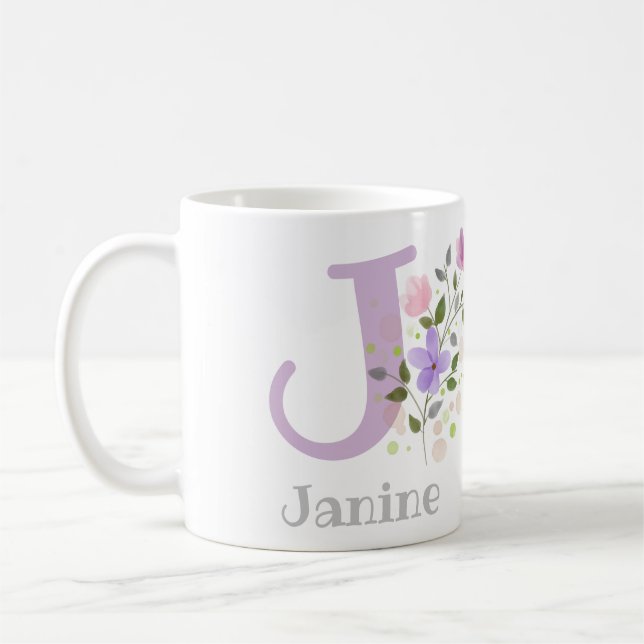 Mug Premier nom initial plus Janine avec fleurs (Gauche)