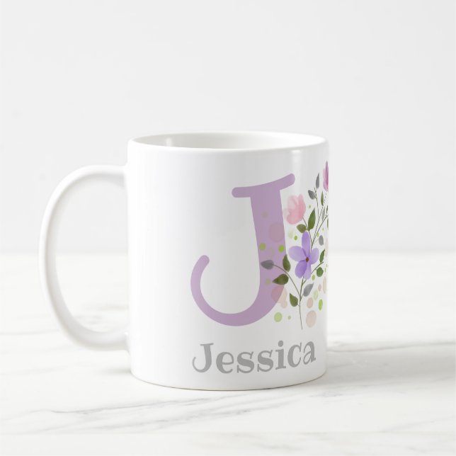 Mug Premier nom initial plus Jessica avec fleurs (Gauche)