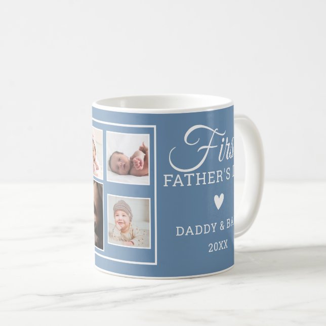 Mug Première Fête des pères 7 Photo Collage bleu (Devant droit)