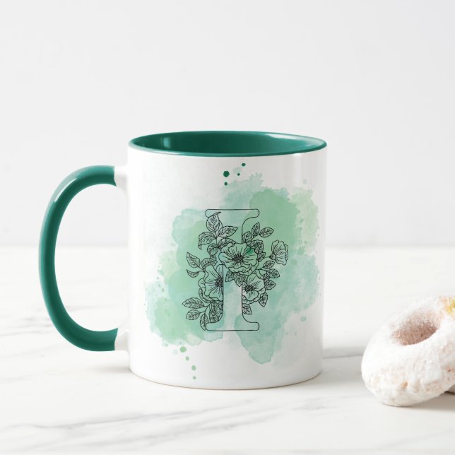 Mug Première I aquarelle Monogramme vert Botanique (Avec donut)