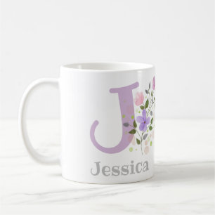 Mug Première initiale plus le nom Jessica avec des fle
