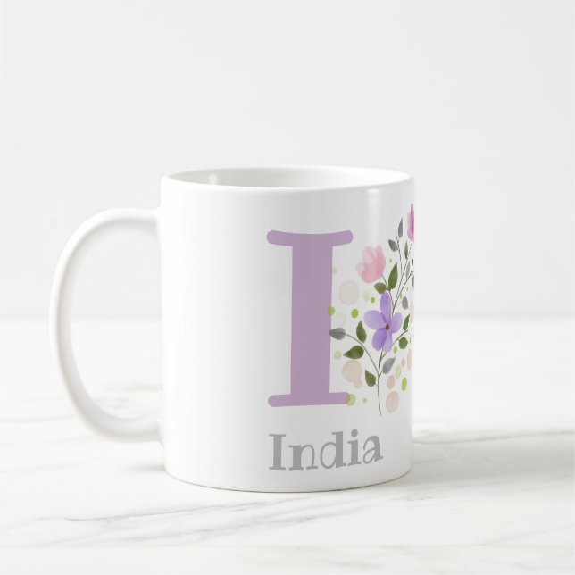 Mug Première initiale plus nom India avec des fleurs (Gauche)