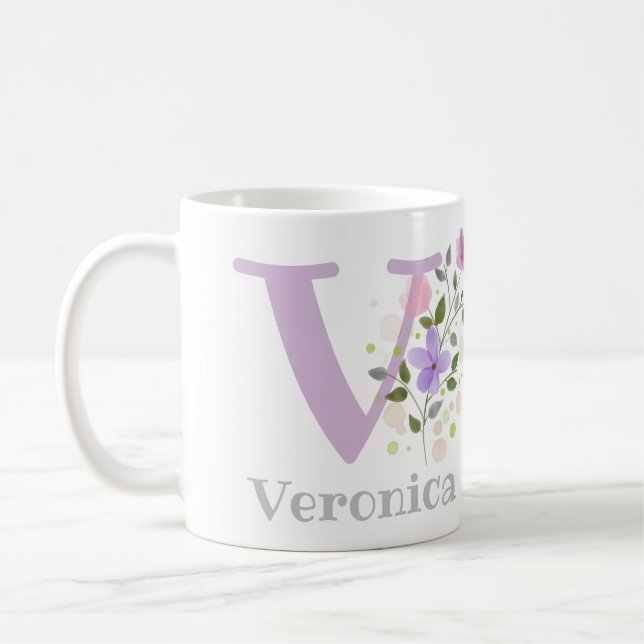 Mug Première initiale plus prénom avec des fleurs (Gauche)