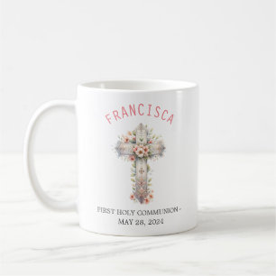 Mug Première Sainte Communion Croix rose florale