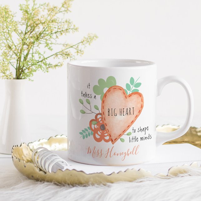 Mug Prend un gros coeur Citer Doodle Orange Personnali (Teacher Gift mug heart and flowers .. takes a big heart to shape little minds)