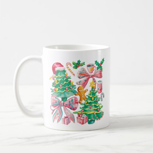 Mug Preppy Christmas Tree Bow Pink Blue Coquette (Gauche)