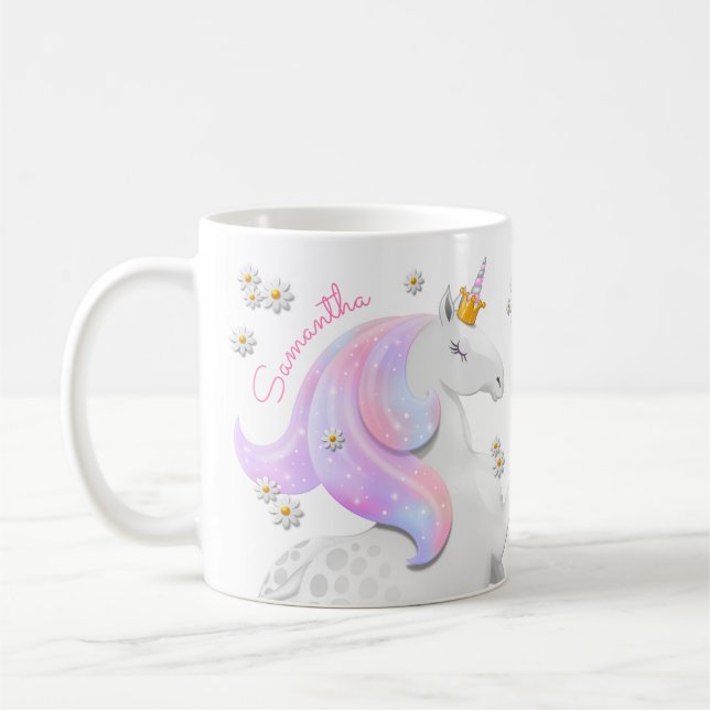 Mug Princesse Unicorne rose brillant avec des daises d (Gauche)