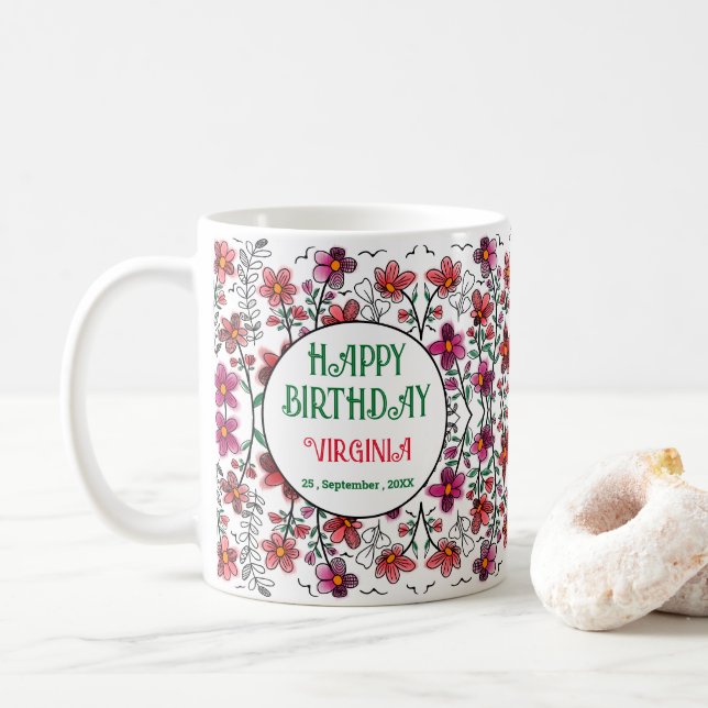 MUG PRINTEMPS UNIQUE ROUGE DOODLE FLEURS ANNIVERSAIRE (Avec donut)