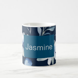 Mug Professionnel Moderne Minimaliste Blue Floral Nom