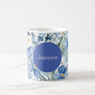 Mug Professionnel Moderne Minimaliste Blue Floral Nom