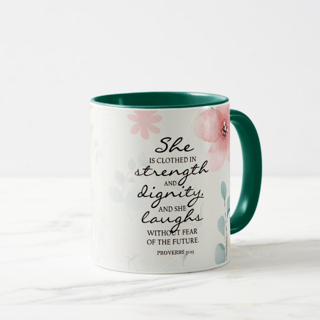 Mug Proverbes 31:25 Elle est habillée de force (Devant droit)