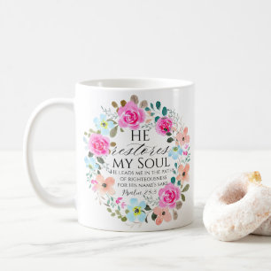 Mug Psaume 23:3 - Il restaure mon âme Pink Floral Bibl