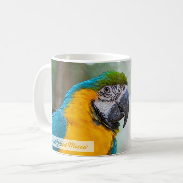 Mug Psaume Macaw bleu et jaune 145:9 KJV (Devant gauche)