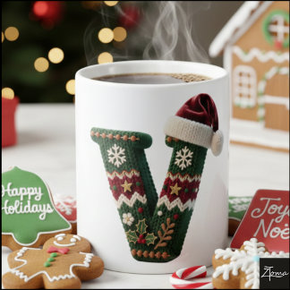 Mug Pull de Noël tricoté avec lettre V et chapeau de P
