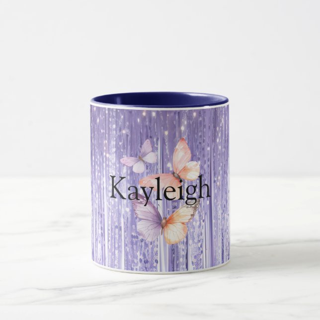 Mug Purple Lavender Tinsel Stripes Peach Butterflies (Centre)