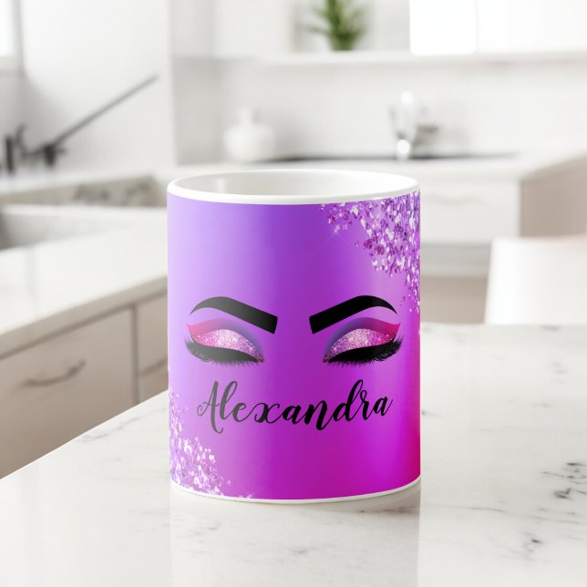 Mug Purple Pink Monogram Glitter Eyelashes (Créateur téléchargé)