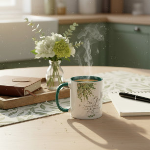 Mug Que Dieu soit gracieux, feuilles vertes et dorées 
