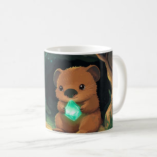 Mug quokka de dessin animé tenant un cristal vert bril