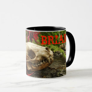 Mug Raccoon crâne vieux rond avec fougères et rouge Mo
