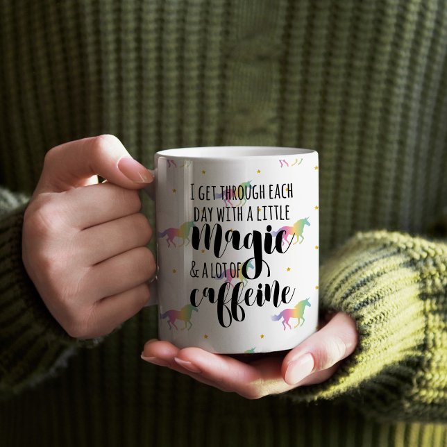 Mug Rainbow Unicorns & Gold Stars Motif (I get through the day with a little magic and a lot of caffeine Rainbow Unicorn Mug)