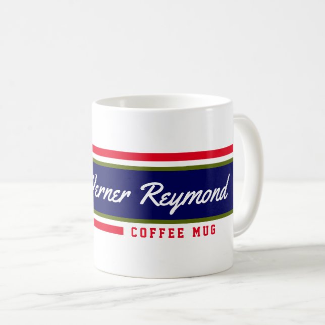 Mug rayures rouges&bleues avec son nom café-mug (Devant droit)