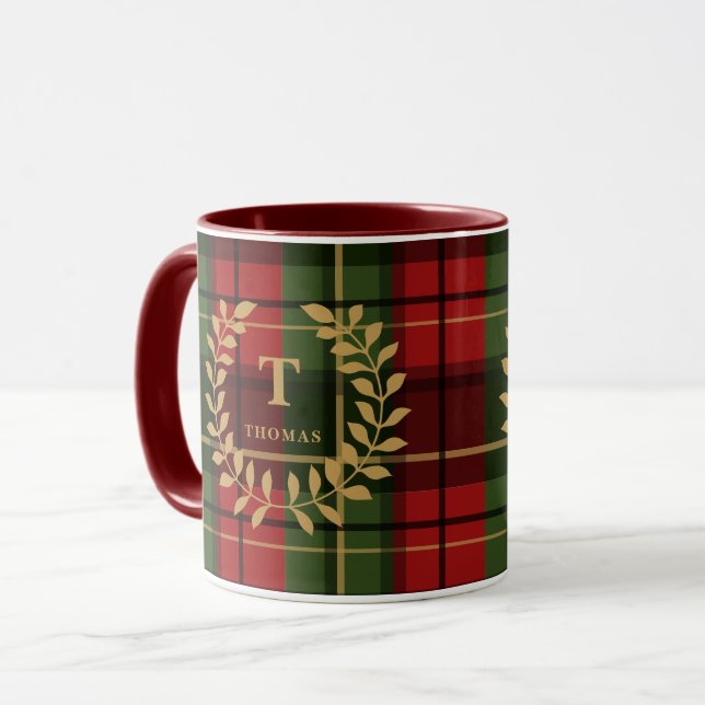 Mug Red And Green Plaid With Monogram Wreath And Name (Devant gauche)
