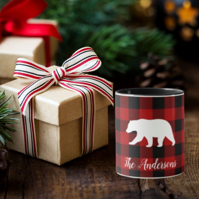 Mug Red Buffalo Plaid & Bear | Nom personnel Cadeau (Créateur téléchargé)