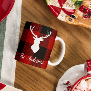 Mug Red Buffalo Plaid & Deer   Nom personnel Cadeau