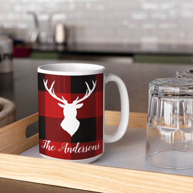Mug Red Buffalo Plaid & Deer | Nom personnel Cadeau (Créateur téléchargé)