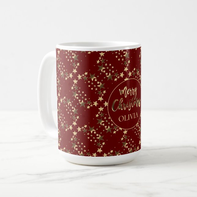 Mug Red Gold Stars Motif Avec Nom Joyeux Noël (Devant gauche)
