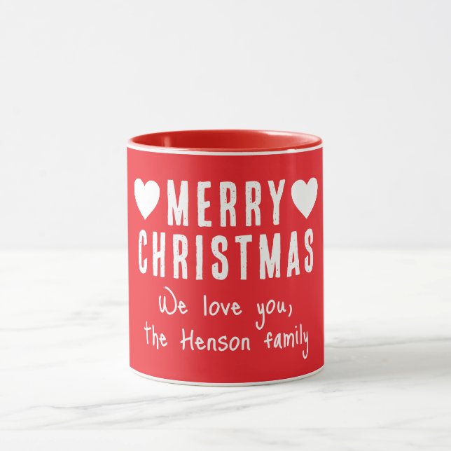 Mug Red Hearts Joyeux Noël Nom de famille Cadeau (Centre)