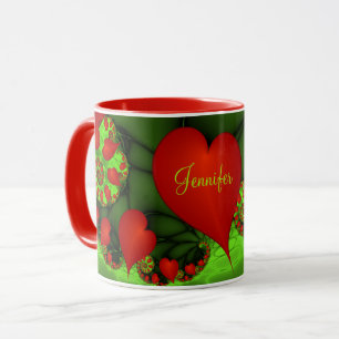 Mug Red Hearts Lime Green Modern Abstrait Nom fractal