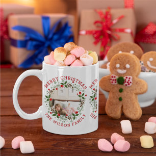 Mug Red Merry Christmas, floral wreath holiday photo