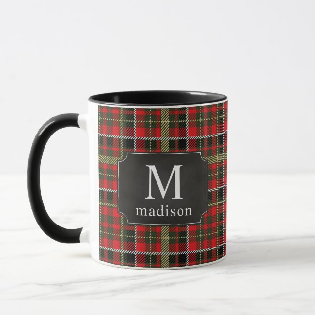 Mug Red Plaid avec nom monogramme or (Gauche)