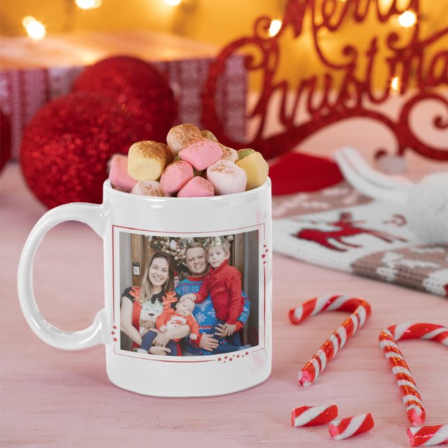 Mug Red & White Stars Photo de famille Joyeux Noël (Créateur téléchargé)