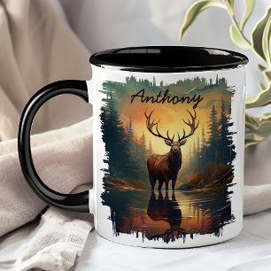 Mug Reflet de la forêt au lever du soleil avec un élan