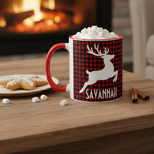 Mug Reinder de Noël Rouge et Noir Plaid Nom personnali