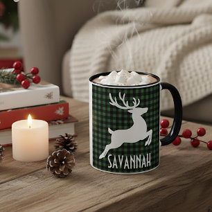 Mug Reinder de Noël Vert & Noir Plaid Nom personnalisé