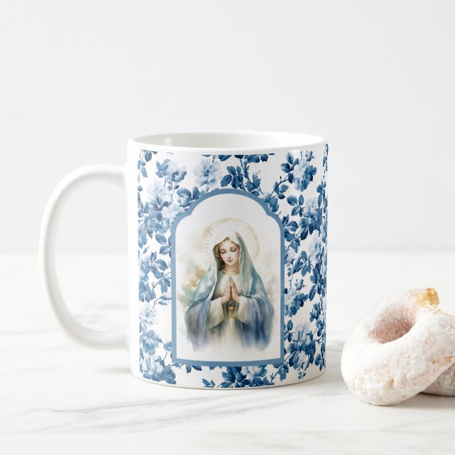 Mug Religieux Bleu Floral Béni Mère Marie (Avec donut)