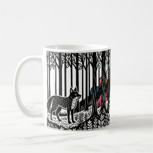 Mug Renard en forêt en linogravure noir et blanc – Nat