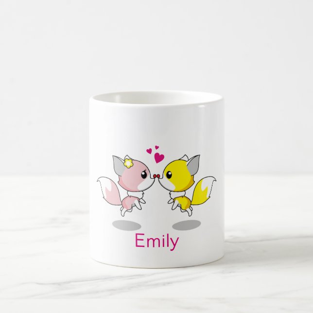 Mug Renard mignon personnalisé en jaune et rose avec c (Centre)