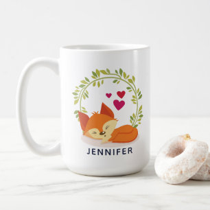 Mug Renard orange mignon, Coeurs rouges et une couronn