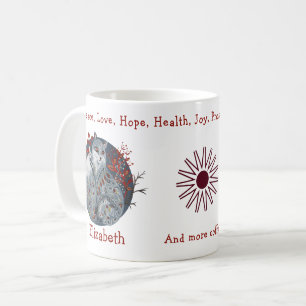 Mug Renard polaire bleu cool, fond floral. Belle
