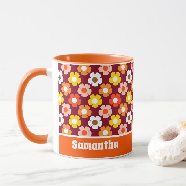 Mug Retro Automne Fleurs d'automne Motif Bourgogne (Avec donut)