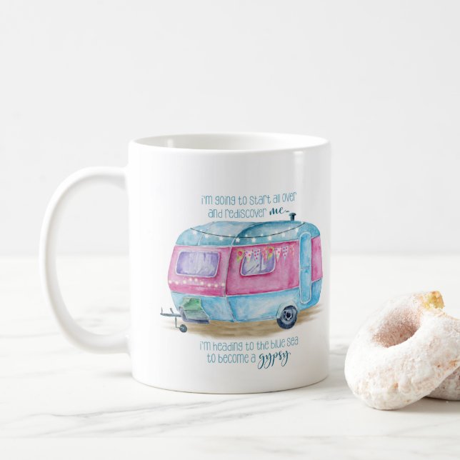 Mug Rétro bleu Glamper rose et blanc de | de caravane (Avec donut)