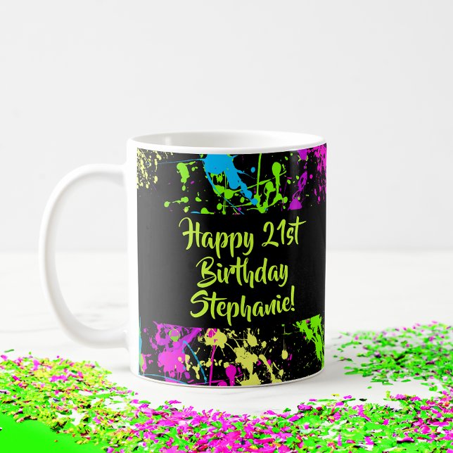 Mug Retro de la fête des années 80 Neon Paint Splatter (colorful 80s custom birthday mug)