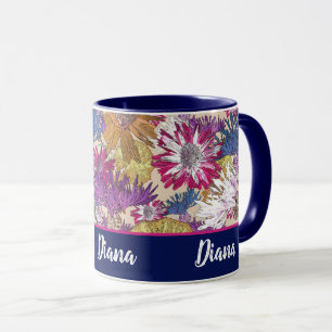 Mug Rétro, floral, fleurs rouges, bouquet, fleurs bleu