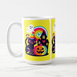Mug Retro Halloween Kawaii Chat noir, design Citrouill