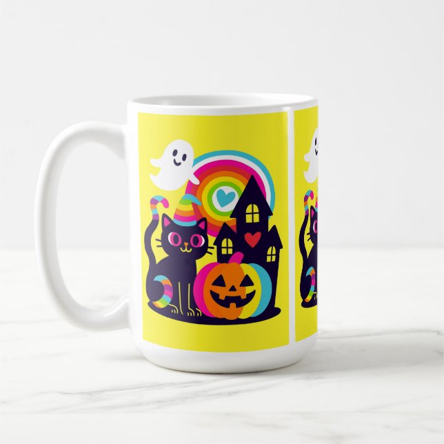 Mug Retro Halloween Kawaii Chat noir, design Citrouill (Gauche)
