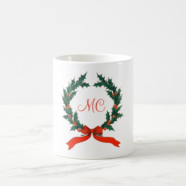 Mug Rétro Noël Holly Wreath avec initiales vacances (Centre)